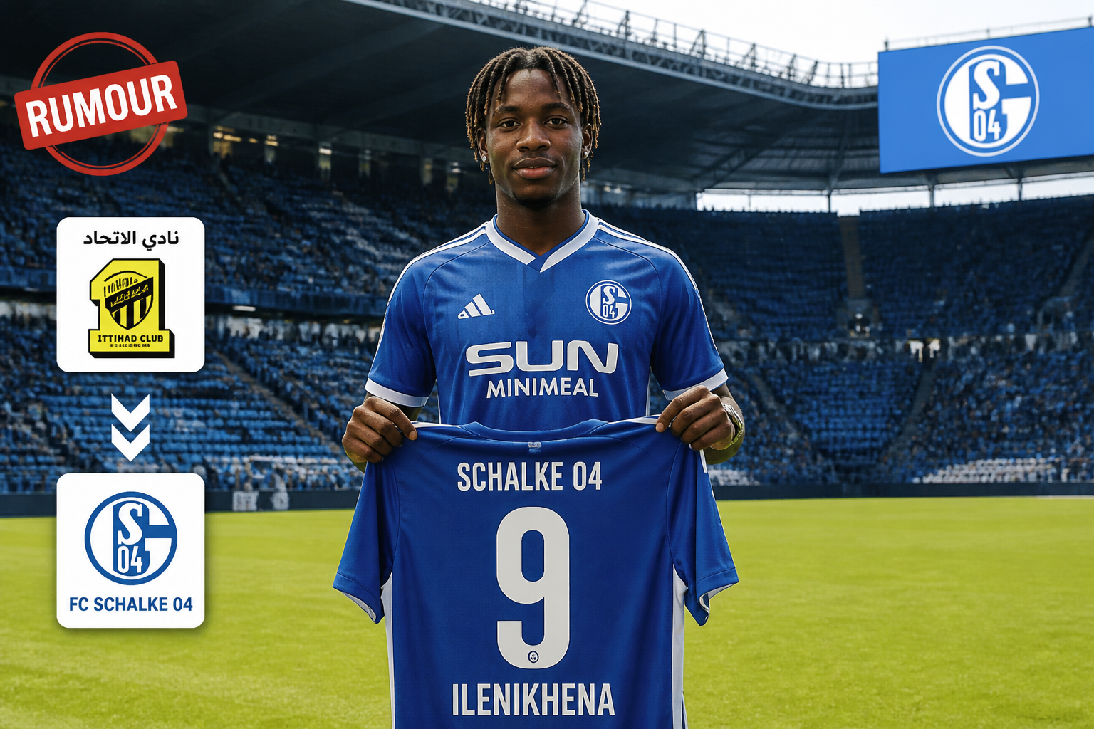 Young footballer in a blue Schalke 04 kit on a stadium field, holding a numbered Schalke 04 jersey. Young footballer in a blue Schalke 04 kit on a stadium field, holding a numbered Schalke 04 jersey.
