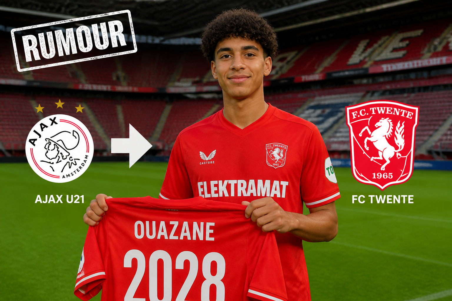 Young footballer in a red Ajax U21 kit holds a jersey reading OUAZANE 2028, with Ajax and FC Twente logos visible in a stadium background (rumor).