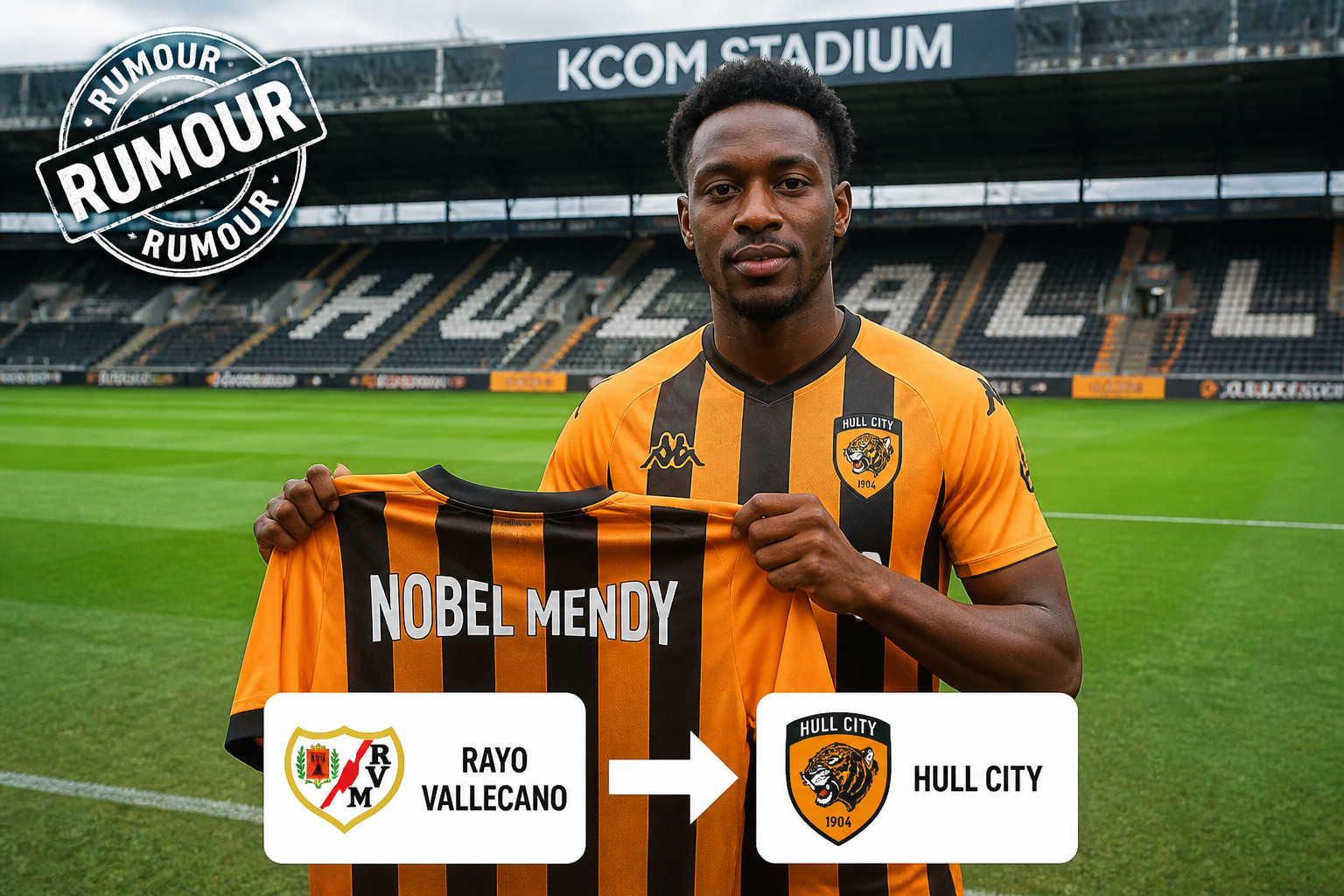 Nobel Mendy holds up a Hull City jersey on a football pitch, signaling a transfer from Rayo Vallecano to Hull City with stadium in the background and a rumour stamp. Nobel Mendy holds up a Hull City jersey on a football pitch, signaling a transfer from Rayo Vallecano to Hull City with stadium in the background and a rumour stamp.