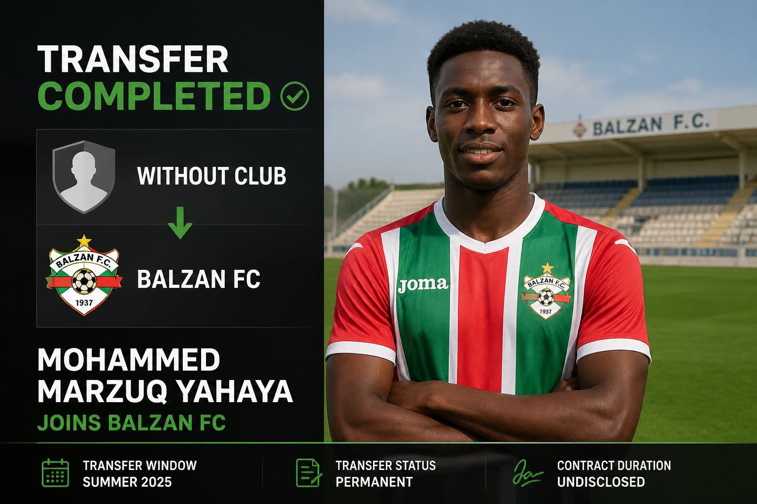 Graphic announcing Mohammed Marzuq Yahaya's transfer to Balzan FC; left panel shows 'TRANSFER COMPLETED' with club crest, right features the player in Balzan kit at the stadium.