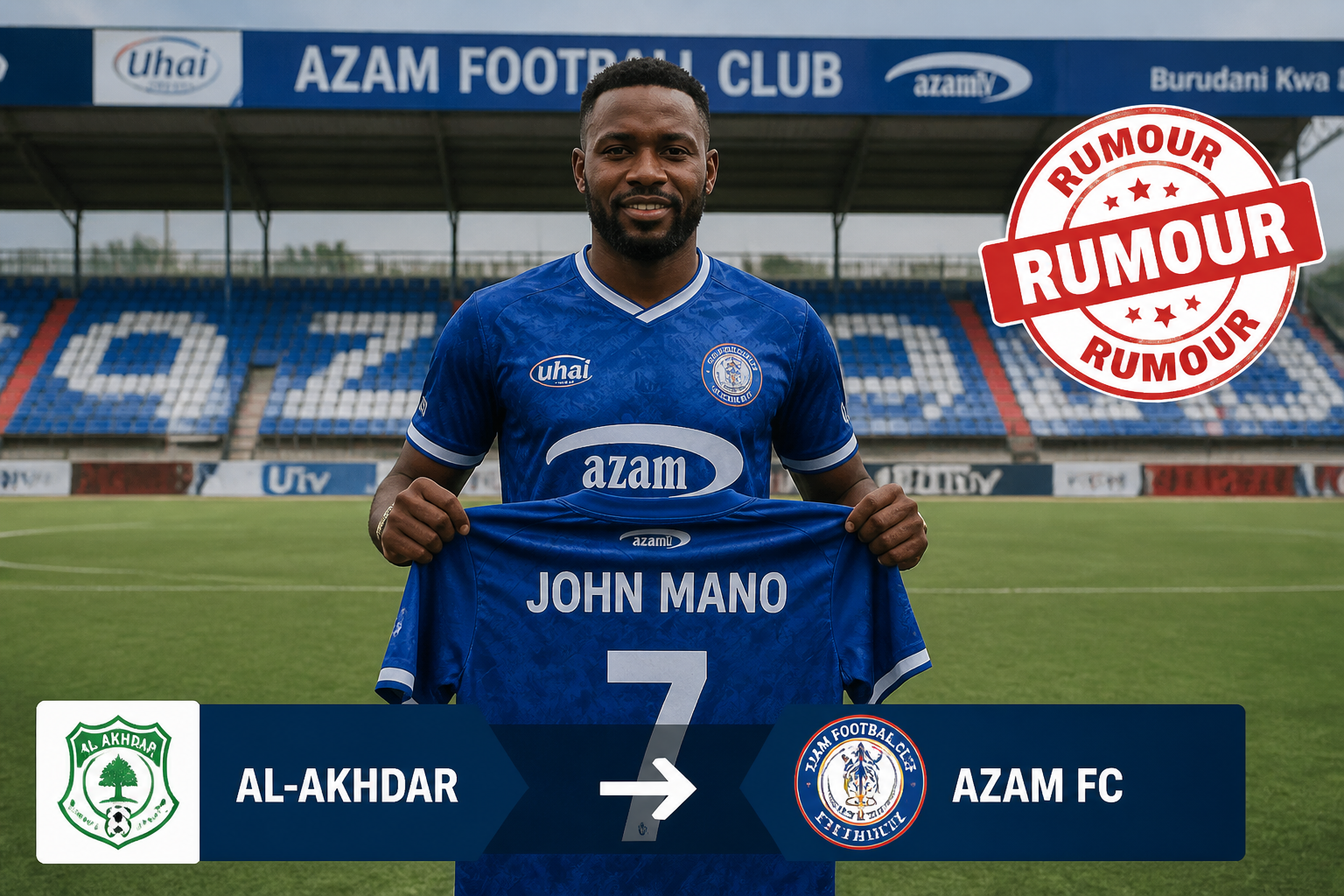 Footballer in blue AZAM FC kit holding a jersey reading John Mano #7, on a football pitch with stadium seats in background; transfer rumor from Al-Akhdar to AZAM FC is implied by graphics. Footballer in blue AZAM FC kit holding a jersey reading John Mano #7, on a football pitch with stadium seats in background; transfer rumor from Al-Akhdar to AZAM FC is implied by graphics.