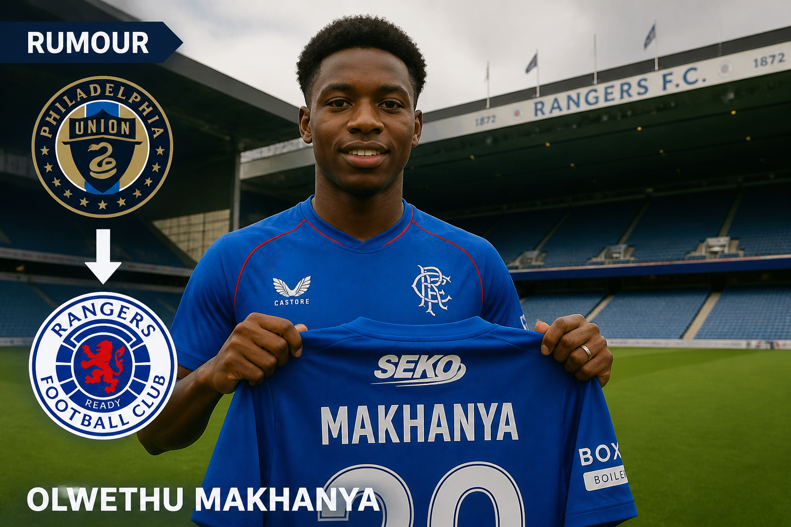 Footballer Olwethu Makhanya holds a blue Rangers jersey at a stadium as a 'RUMOUR' headline hints at a transfer to Rangers FC. Footballer Olwethu Makhanya holds a blue Rangers jersey at a stadium as a 'RUMOUR' headline hints at a transfer to Rangers FC.