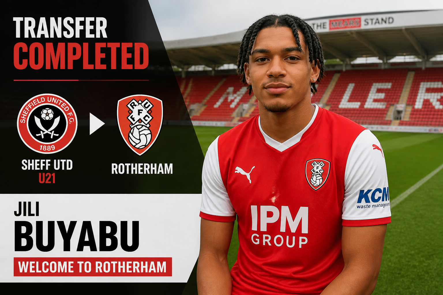 Football transfer banner: 'Transfer Completed' with Sheffield United U21 vs Rotherham logos on left and a smiling player in a red kit on the right, at a stadium.