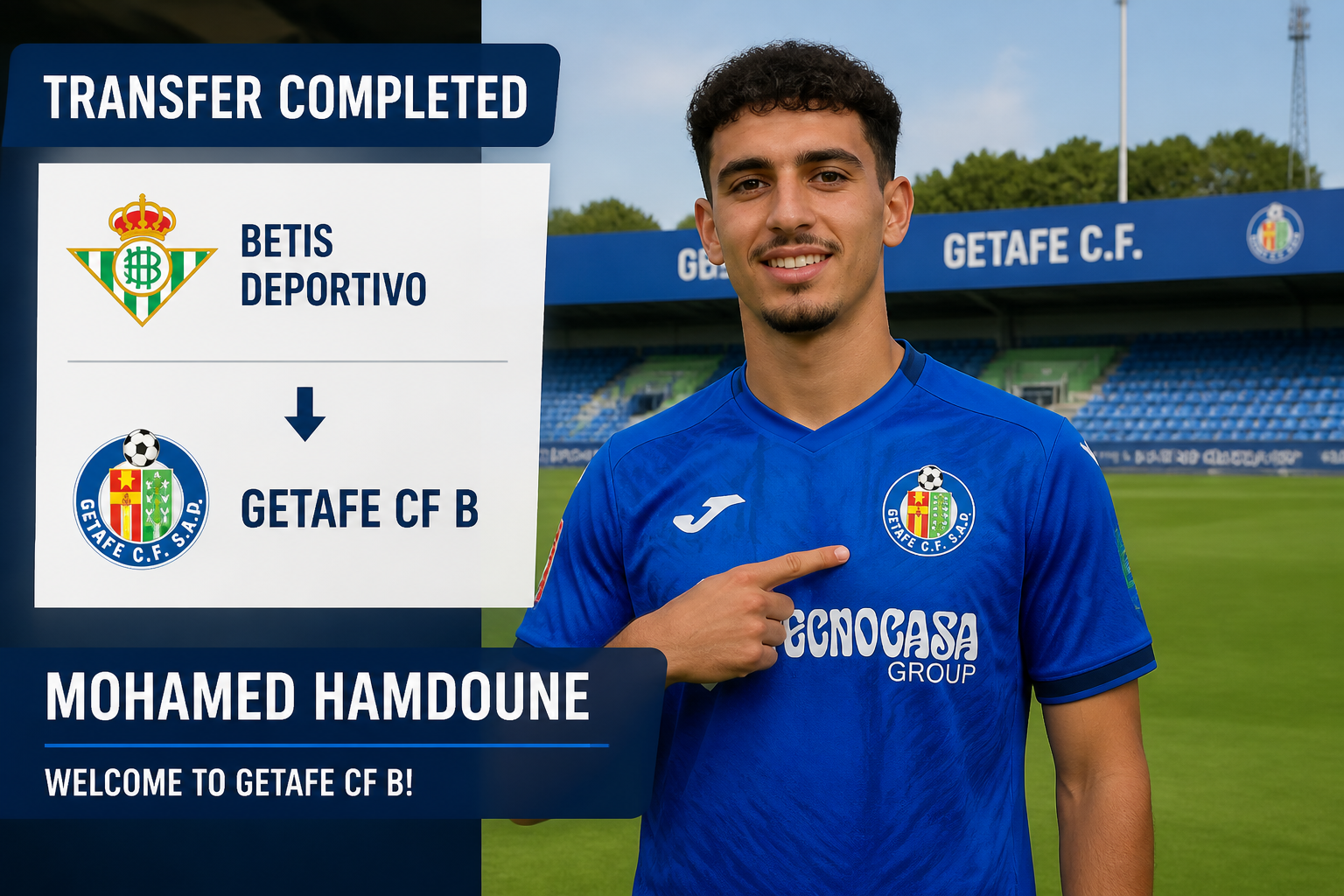 Soccer player in blue Getafe kit pointing to logo with 'TRANSFER COMPLETED' and 'WELCOME TO GETAFE CF B' text overlay