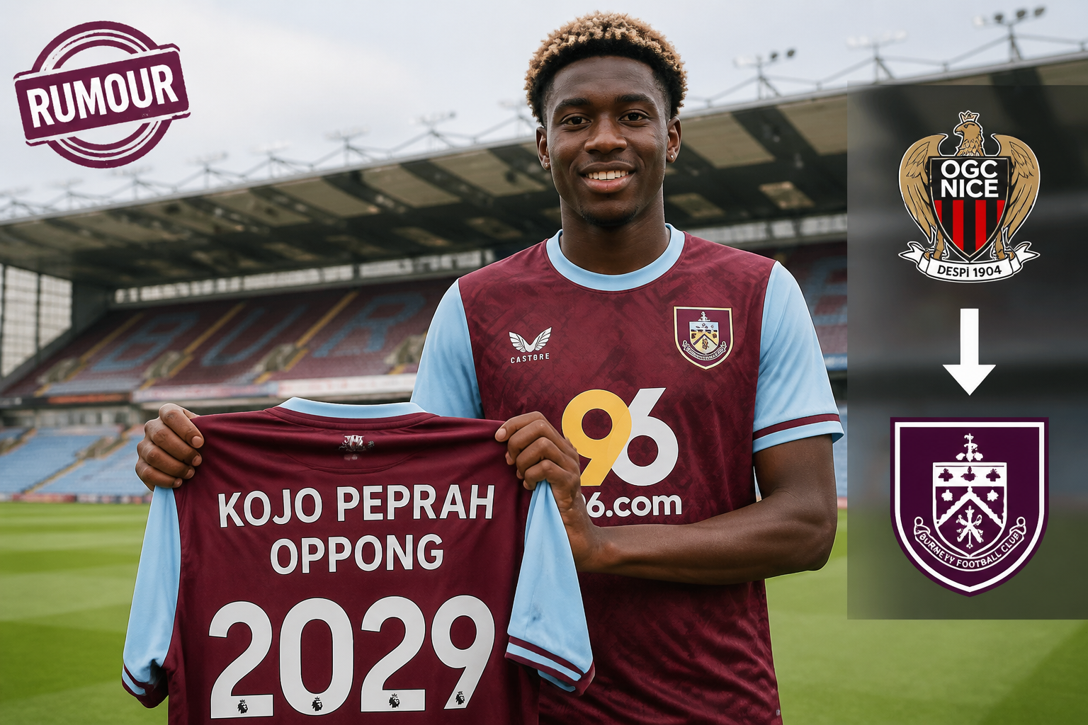 Smiling footballer in maroon and light-blue kit holds a back-of-jersey reading 'KOJO PEPRAH OPPONG 2029' on a stadium pitch, with a 'RUMOUR' stamp and crests on the side (Nice and Burnley).