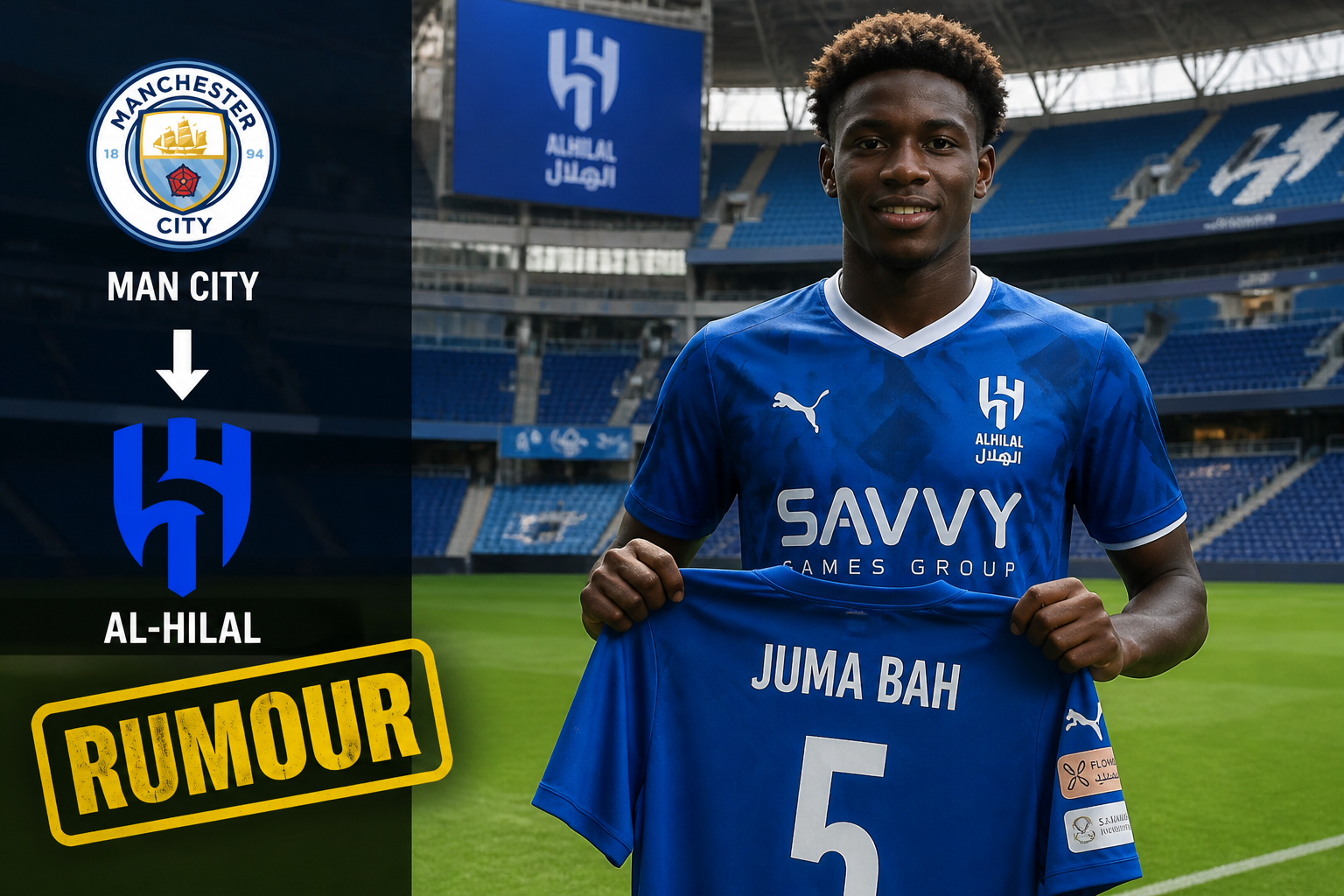 Player in blue Al-Hilal jersey holds up a Juma Bah kit with number 5 as a rumored Man City transfer image.