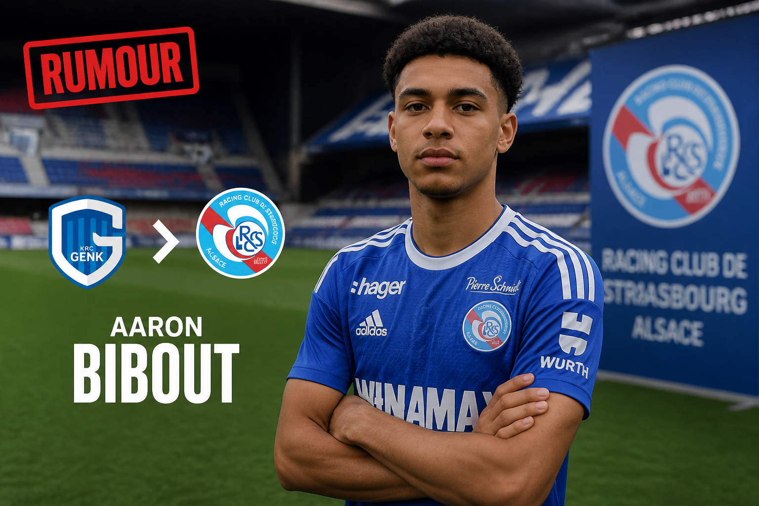 Footballer Aaron Bibout in a blue jersey stands with arms crossed on a stadium pitch amid a 'RUMOUR' graphic and club logos on the left side of the image.