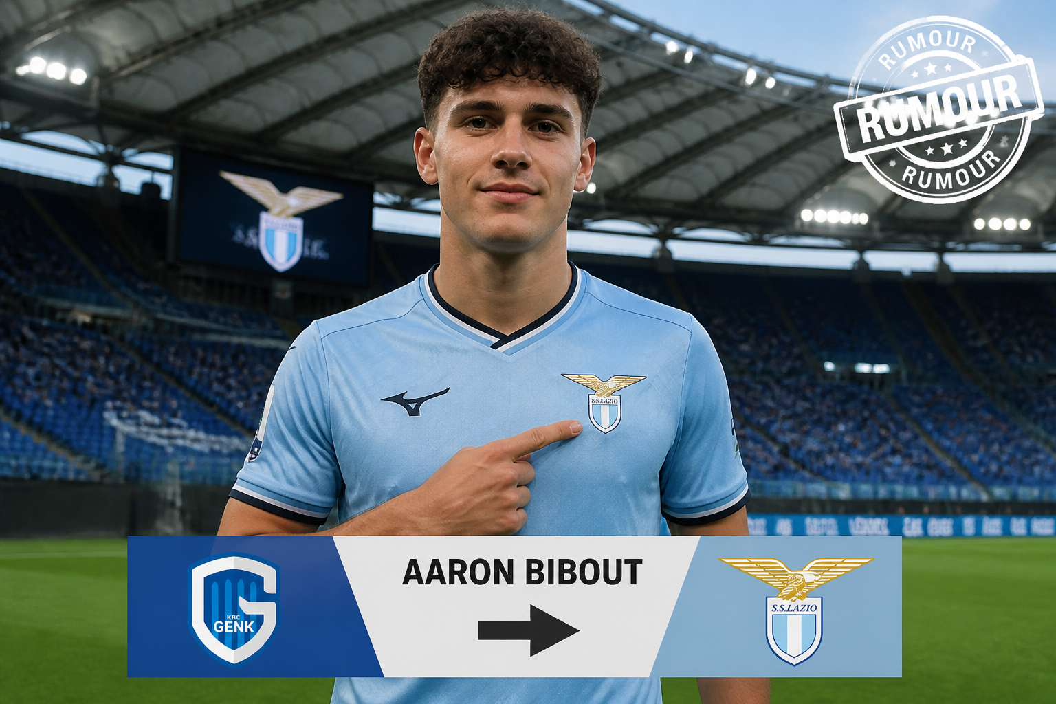 Footballer in a light blue Lazio kit points to a banner that says 'AARON BIBOUT' with a rightward arrow, standing in a stadium. Footballer in a light blue Lazio kit points to a banner that says 'AARON BIBOUT' with a rightward arrow, standing in a stadium.