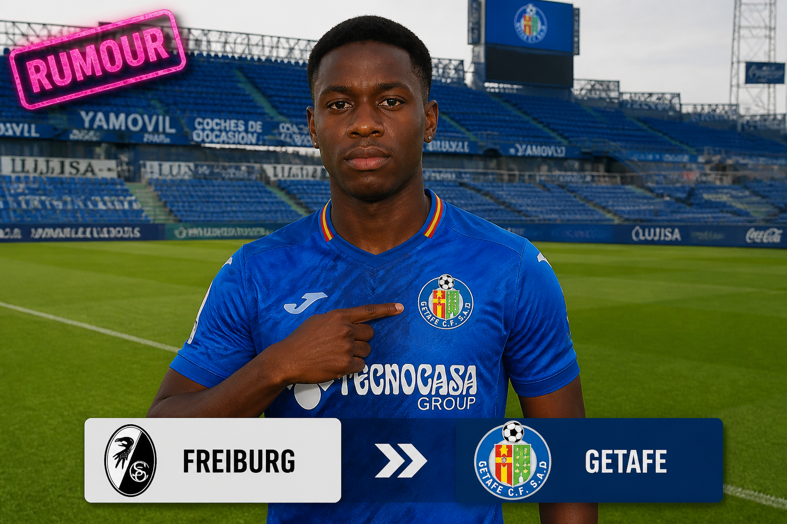 Getafe footballer on the pitch in blue kit, pointing to the club crest as a pink 'RUMOUR' overlay appears in the corner; Freiburg vs Getafe banner at bottom. Getafe footballer on the pitch in blue kit, pointing to the club crest as a pink 'RUMOUR' overlay appears in the corner; Freiburg vs Getafe banner at bottom.