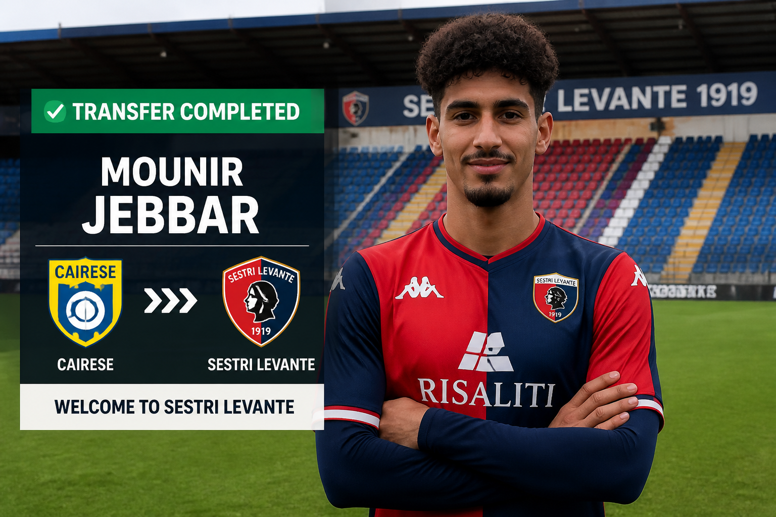 Soccer player in a red-and-navy jersey stands on a green field beside a 'Transfer Completed' banner with team logos and 'Welcome to Sestr Levante' text. Soccer player in a red-and-navy jersey stands on a green field beside a 'Transfer Completed' banner with team logos and 'Welcome to Sestr Levante' text.