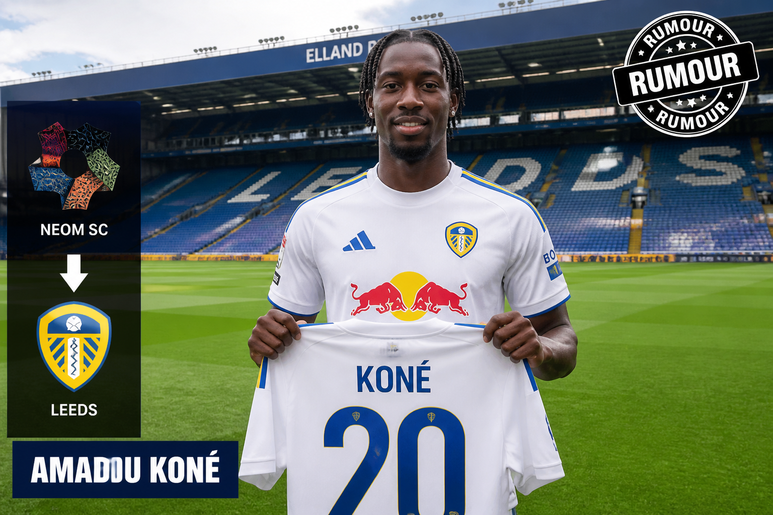 Leeds United forward Amadou Koné holds a white jersey with the number 20 on a football pitch at Elland Road stadium. Leeds United forward Amadou Koné holds a white jersey with the number 20 on a football pitch at Elland Road stadium.