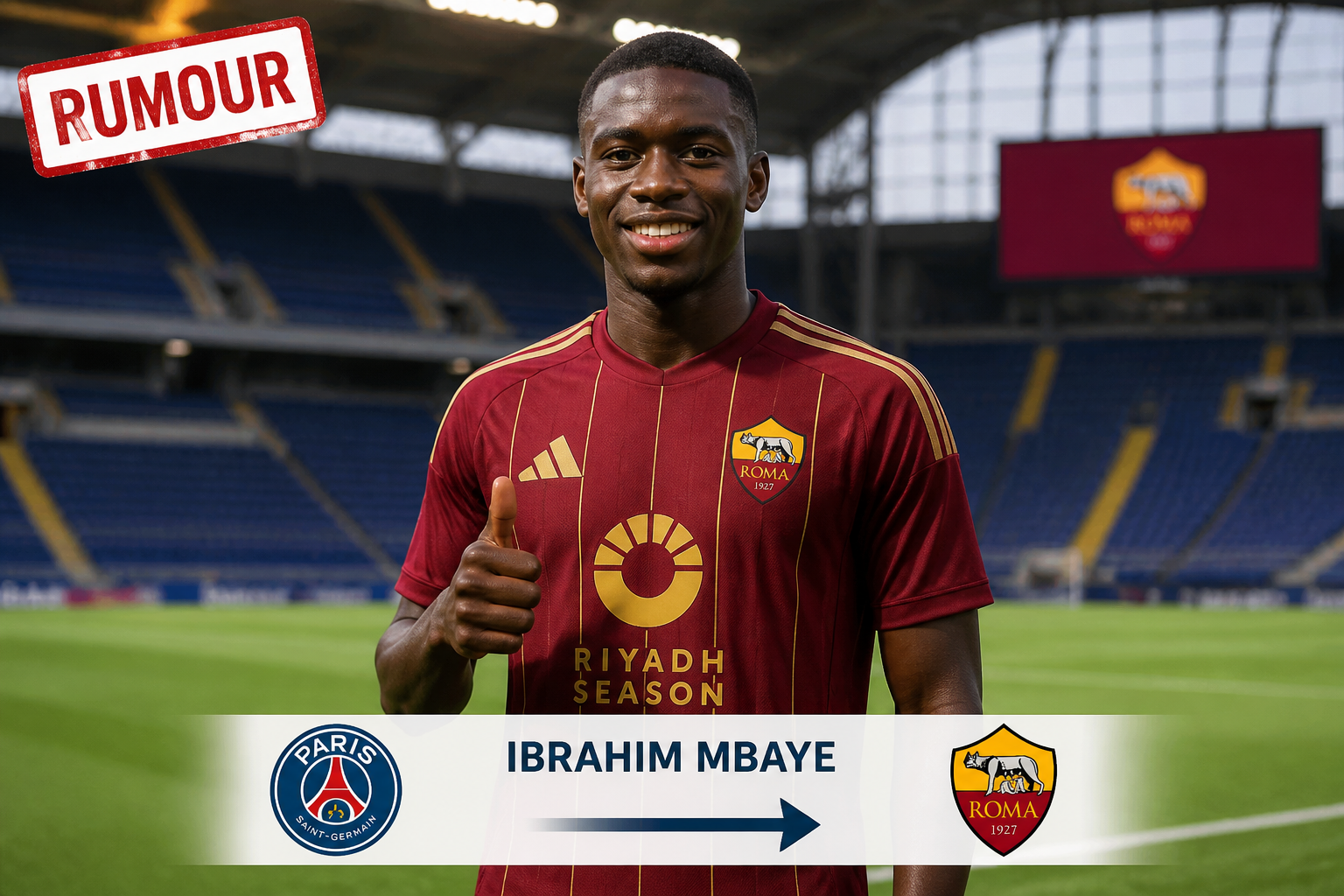 Ibrahim Mbaye in a Roma jersey on a stadium pitch, giving a thumbs up, with a 'RUMOUR' banner and a transfer graphic linking Paris Saint‑Germain and Roma.
