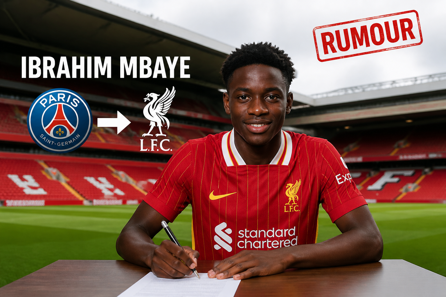 Ibrahim Mbaye sits at a desk signing a document while transfer logos and a 'RUMOUR' stamp suggest a PSG-to-Liverpool link.