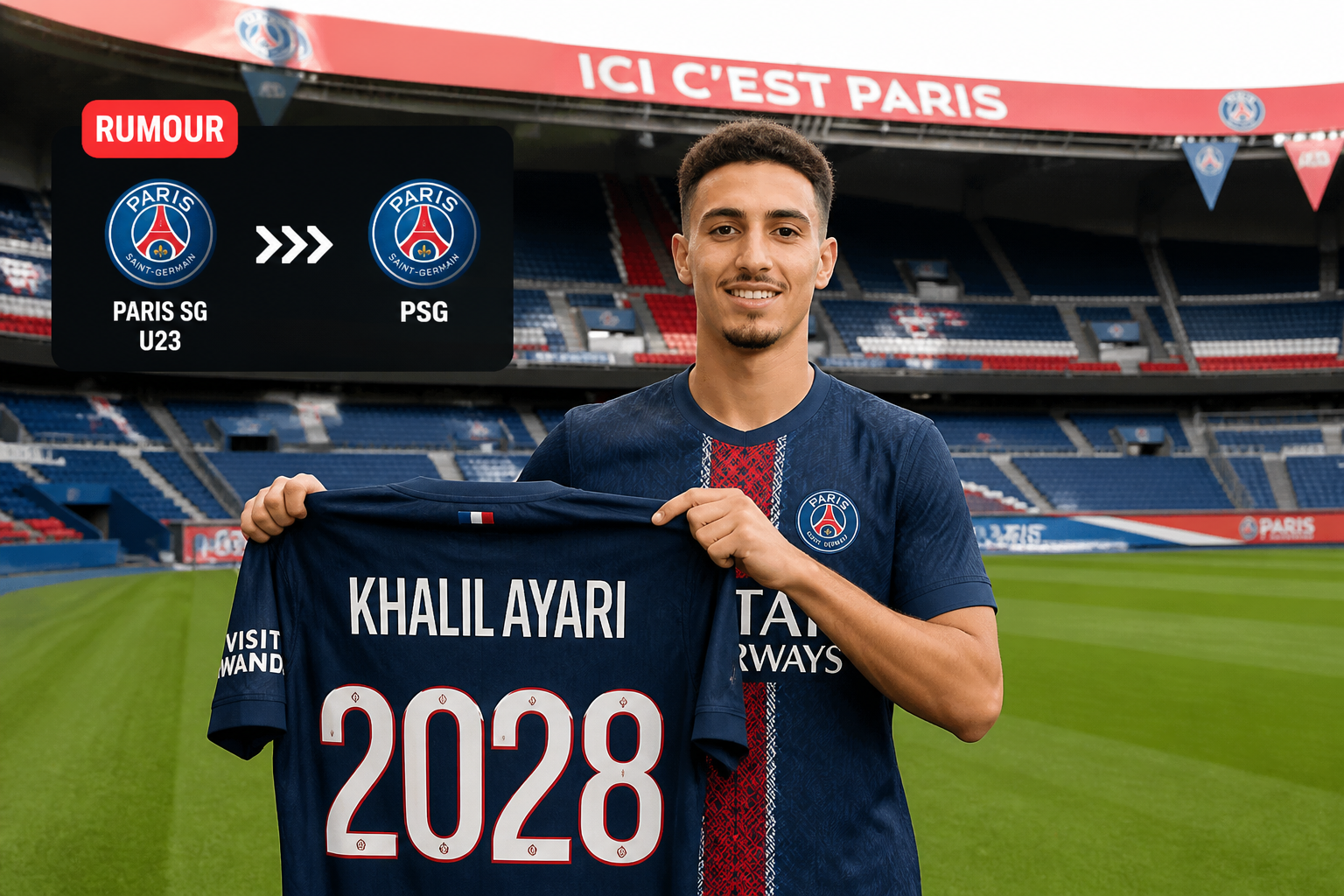 Khalil Ayari of PSG U23 holds a navy jersey marked 2028 on a football field with the stadium behind him. Khalil Ayari of PSG U23 holds a navy jersey marked 2028 on a football field with the stadium behind him.