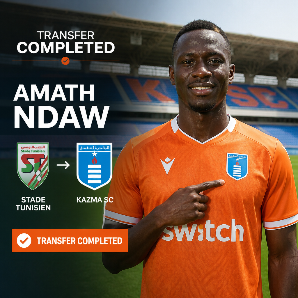 Announcement image: striker Amath Ndaw in an orange jersey, pointing to Kazma SC crest as transfer from Stade Tunisien is completed.