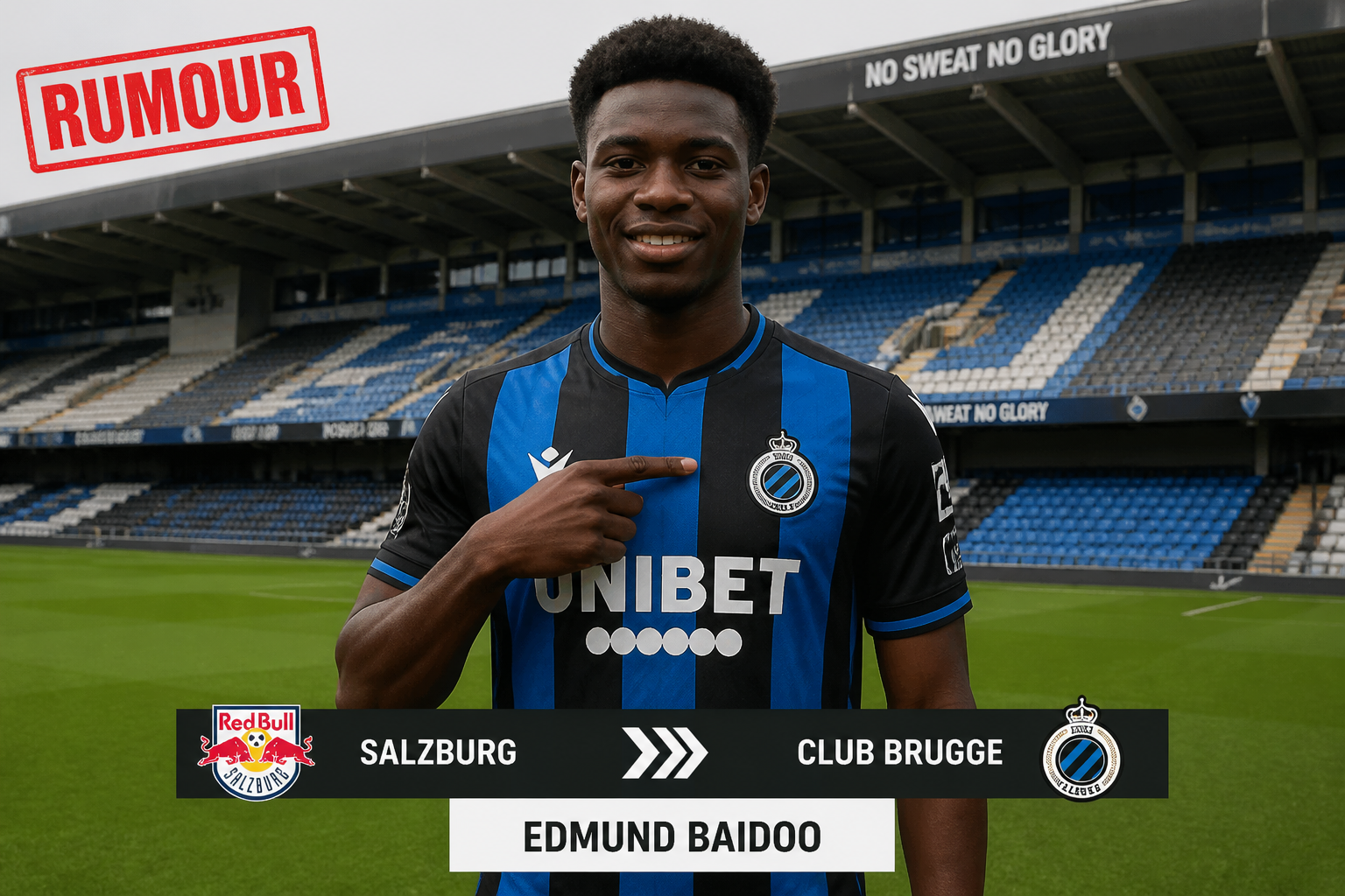 Promotional image of Edmund Baidoo in Salzburg colors on a stadium pitch, with a red 'RUMOUR' stamp and a banner suggesting a transfer to Club Brugge.