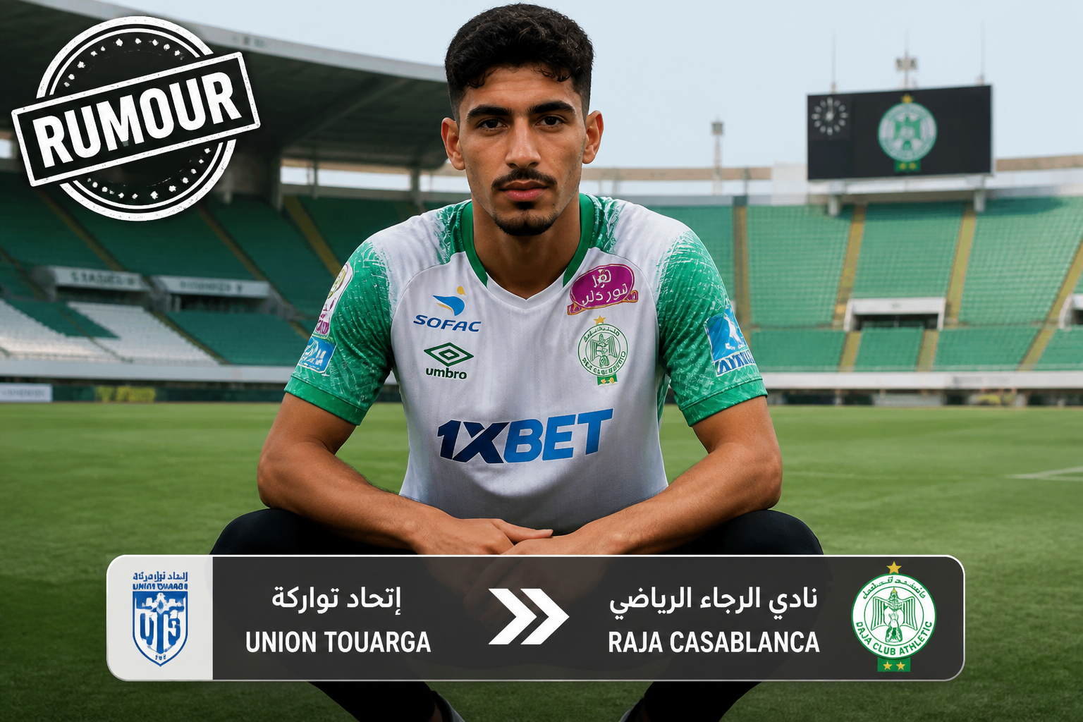 Footballer seated on a stadium pitch in a white-green jersey; a banner at the bottom shows Union Touarga vs Raja Casablanca with Arabic and English text. Footballer seated on a stadium pitch in a white-green jersey; a banner at the bottom shows Union Touarga vs Raja Casablanca with Arabic and English text.