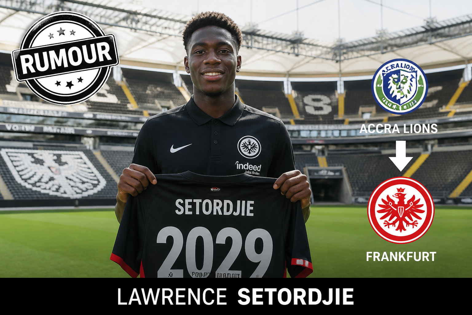 Portrait of footballer Lawrence Setordjie in a stadium, holding a black jersey with the name SETORDJIE and number 2029 visible