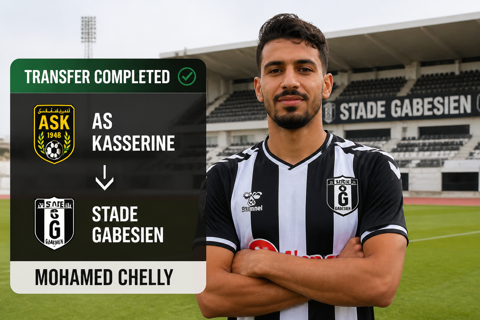Transfer completed: Mohamed Che lly transferred to Stade Gabesien from AS Kasserine (graphic banner in foreground)