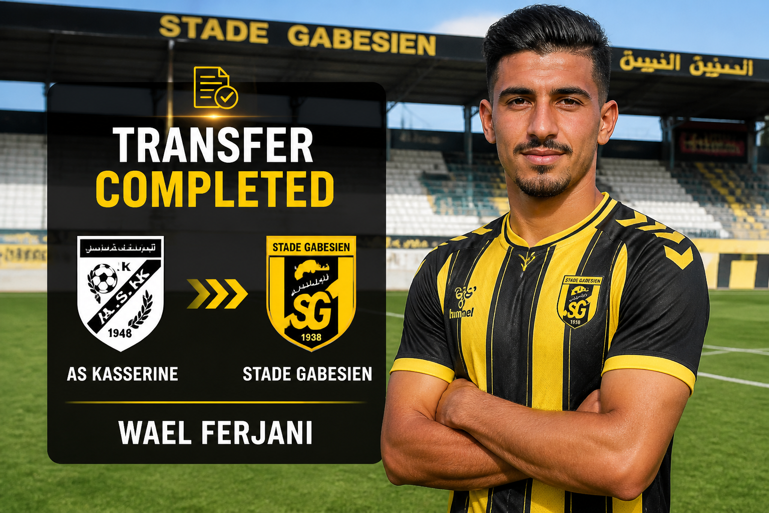 Transfer completed: Wael Ferjani joins Stade Gabesien, shown beside AS Kasserine and Stade Gabesien logos on a stadium backdrop.