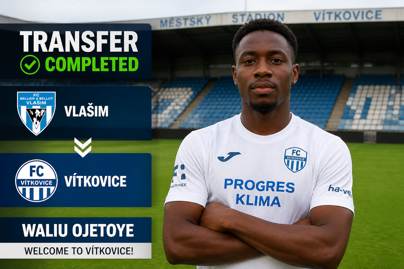 Banner announcing transfer completed: Vlašim to Vítkovice, welcoming Waliu Ojetoye; footballer in a white Vítkovice kit on a stadium field.