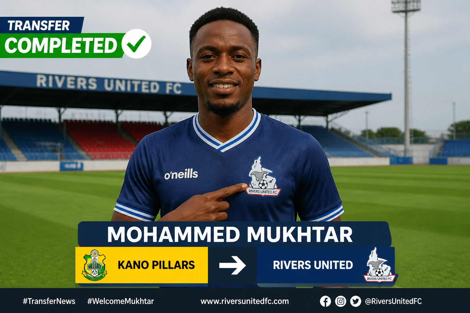Mohammed Mukhtar in Rivers United FC kit on a soccer pitch, pointing to the club crest; transfer completed from Kano Pillars.