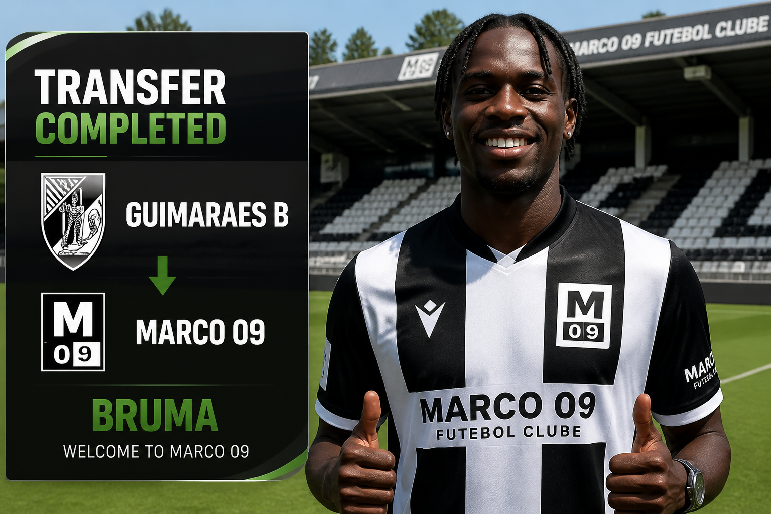 Footballer in black-and-white striped jersey gives thumbs up beside a large 'TRANSFER COMPLETED' board featuring 'GUIMARAES B', 'MARCO 09', and 'BRUMA — WELCOME TO MARCO 09' text Footballer in black-and-white striped jersey gives thumbs up beside a large 'TRANSFER COMPLETED' board featuring 'GUIMARAES B', 'MARCO 09', and 'BRUMA — WELCOME TO MARCO 09' text