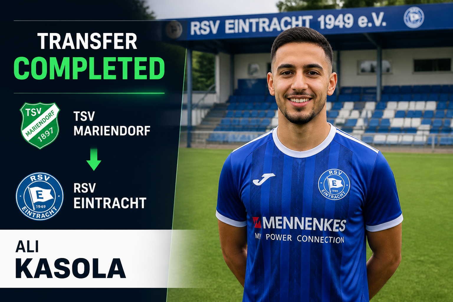 Transfer completed: Ali Kasola moves to RSV Eintracht, with club logos and green arrow on a tournament banner background. Transfer completed: Ali Kasola moves to RSV Eintracht, with club logos and green arrow on a tournament banner background.