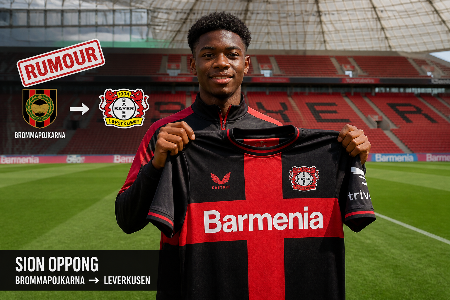 Young footballer holds a red-and-black Bayer jersey on a stadium field, suggesting a transfer from Brommapojkarna to Leverkusen (rumour).