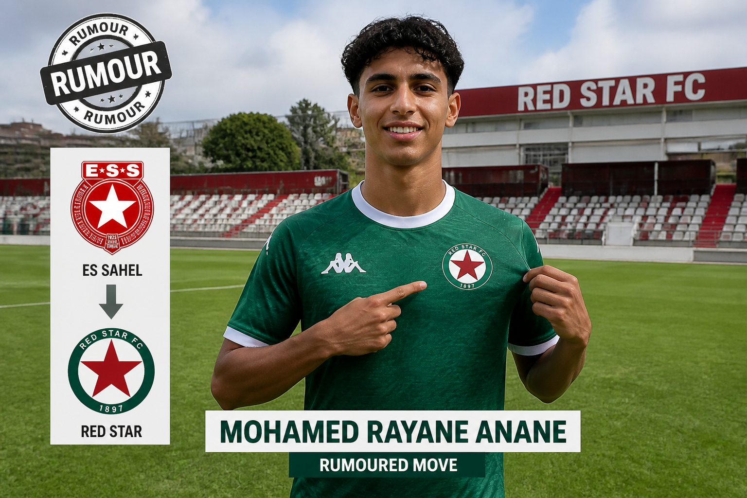 Footballer in a green Red Star FC jersey smiles on a stadium field with a large 'RUMOUR' stamp and 'RUMOURED MOVE' banner nearby, announcing a transfer rumor.