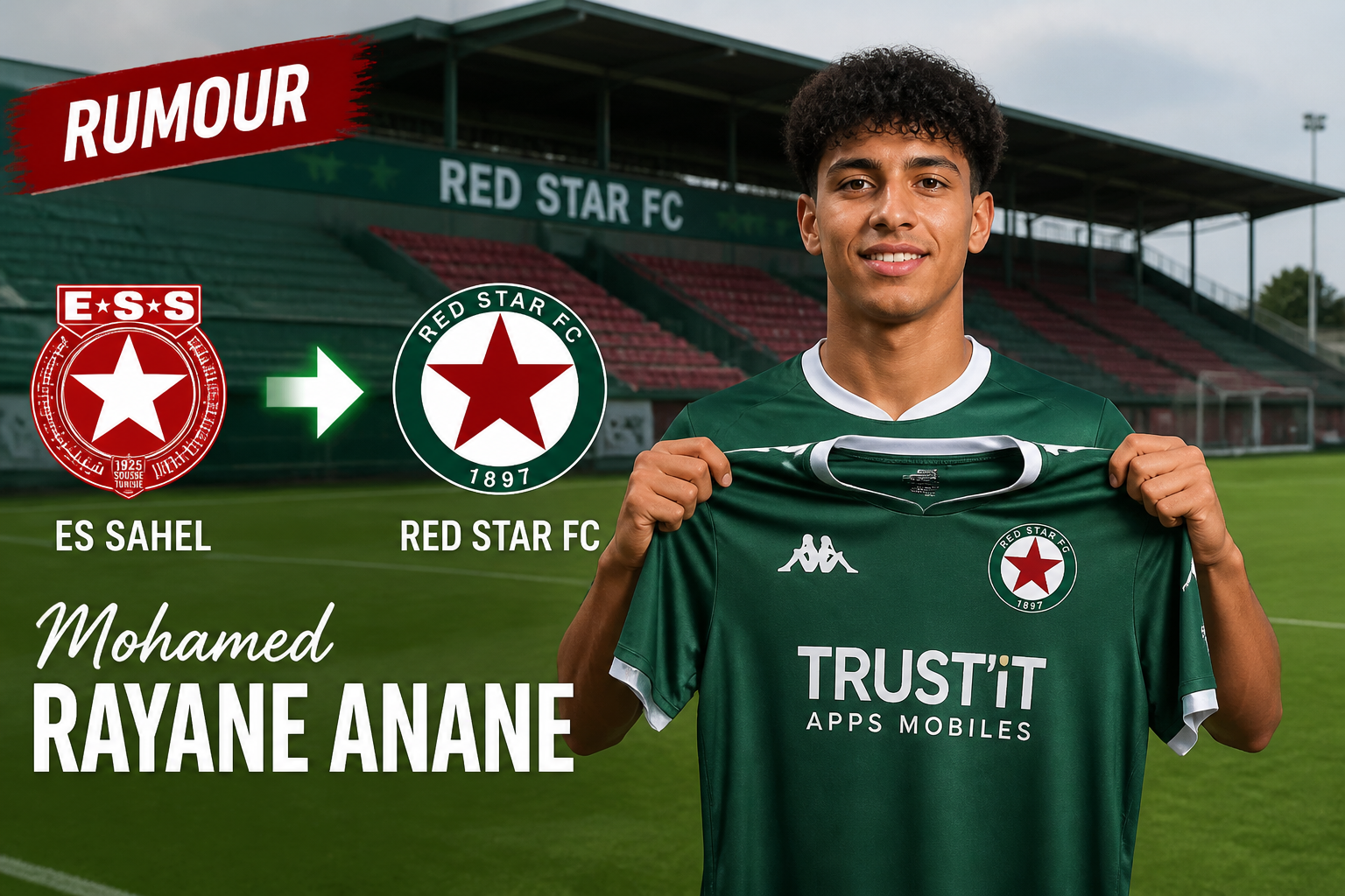 Transfer rumor graphic: ES Sahel to Red Star FC with a smiling player in a green kit and logos of both clubs, plus a 'RUMOUR' banner.