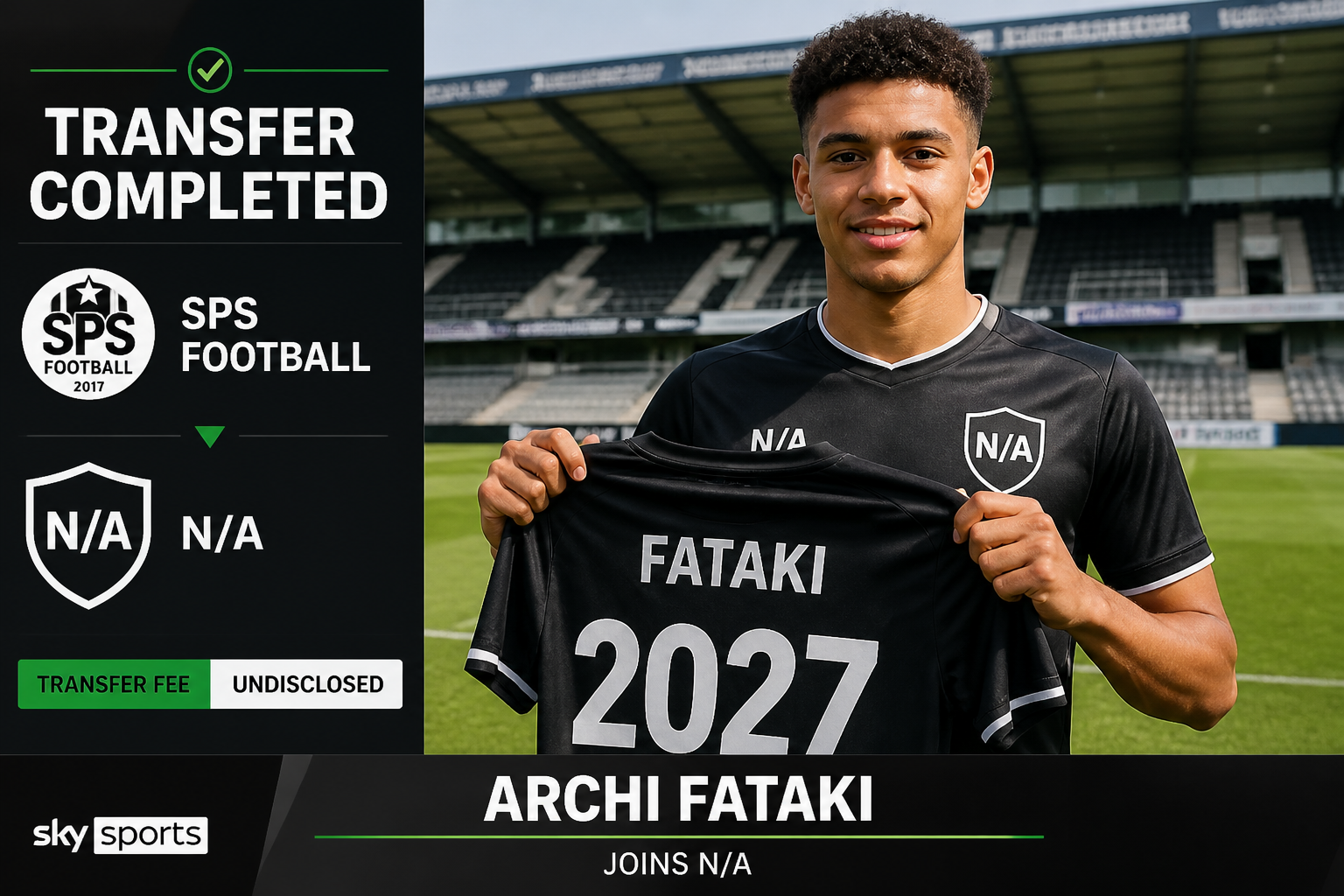 Transfer completed announcement: smiling footballer in a stadium holds a black jersey reading 'FATAKI 2027' beside a dark panel that says 'TRANSFER COMPLETED' with SPS Football branding.