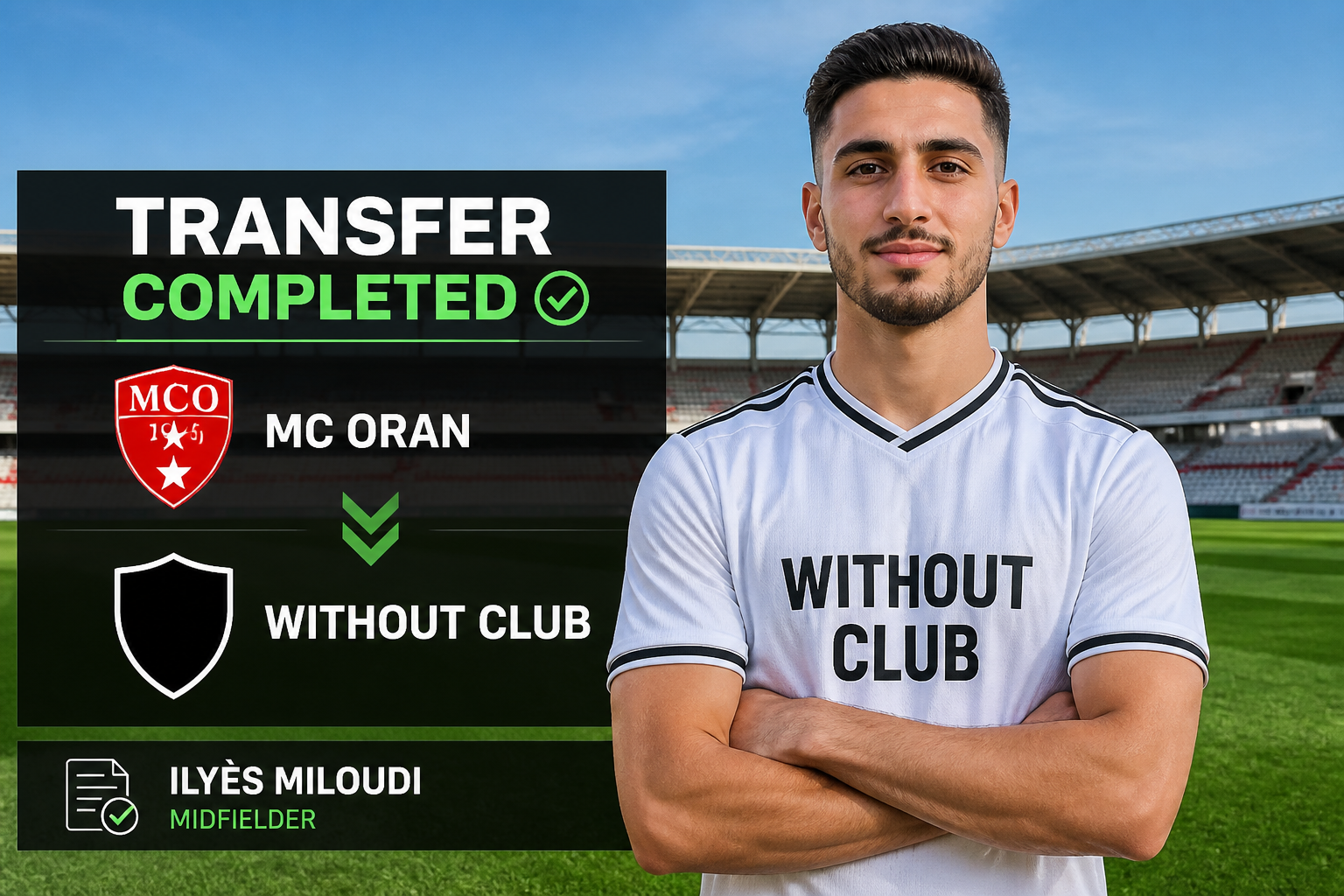 Footballer in a white jersey stands on a stadium pitch with a 'Transfer Completed' graphic showing MC Oran to Without Club; Ilyès Miloudi, midfielder. Footballer in a white jersey stands on a stadium pitch with a 'Transfer Completed' graphic showing MC Oran to Without Club; Ilyès Miloudi, midfielder.