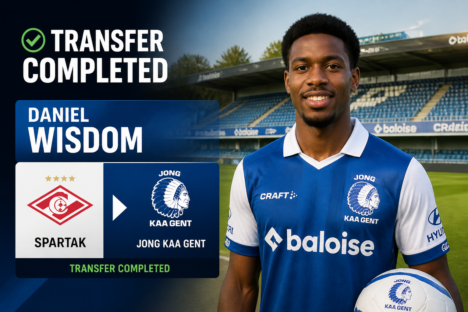 Transfer completed: Daniel Wisdom signs with Jong Kaa Gent, shown in a blue jersey on a soccer field with team banners in the background. Transfer completed: Daniel Wisdom signs with Jong Kaa Gent, shown in a blue jersey on a soccer field with team banners in the background.