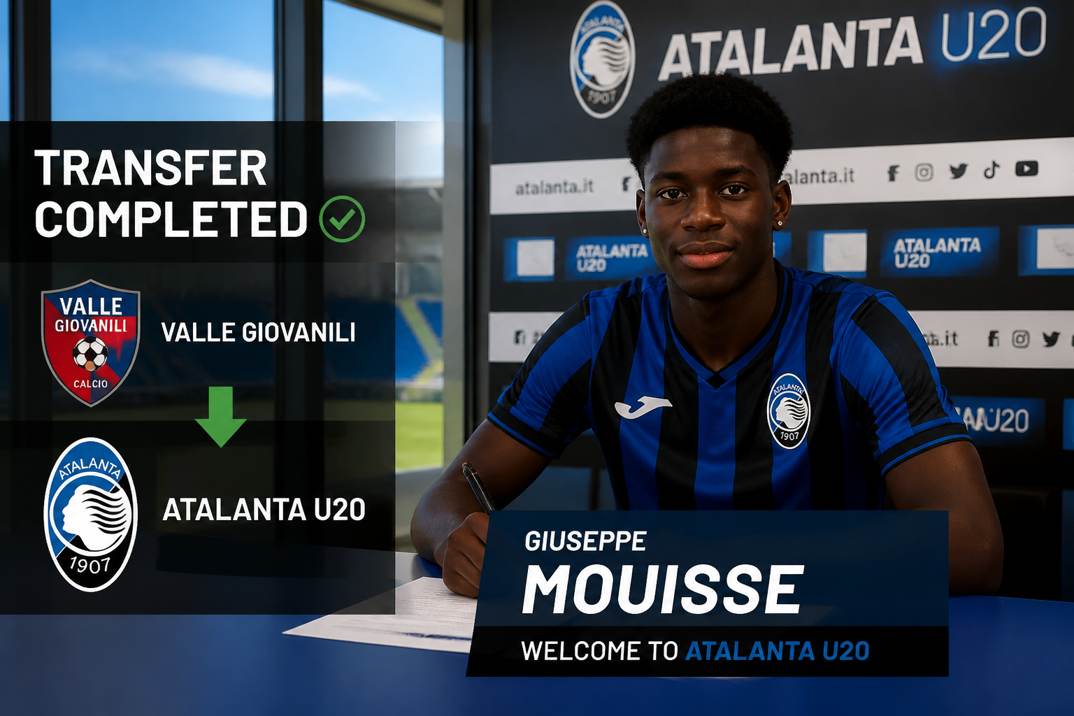 Transfer completed banner with a green checkmark as a young footballer signs for Atalanta U20.