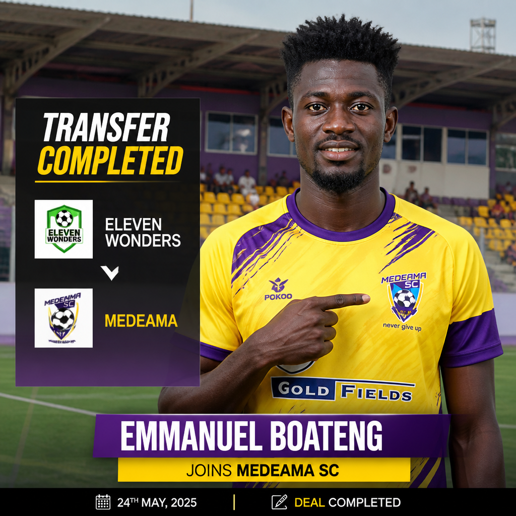 Soccer player Emmanuel Boateng in yellow-purple kit, transfer completed to Medeama SC, with team logos and date banner in stadium background. Soccer player Emmanuel Boateng in yellow-purple kit, transfer completed to Medeama SC, with team logos and date banner in stadium background.