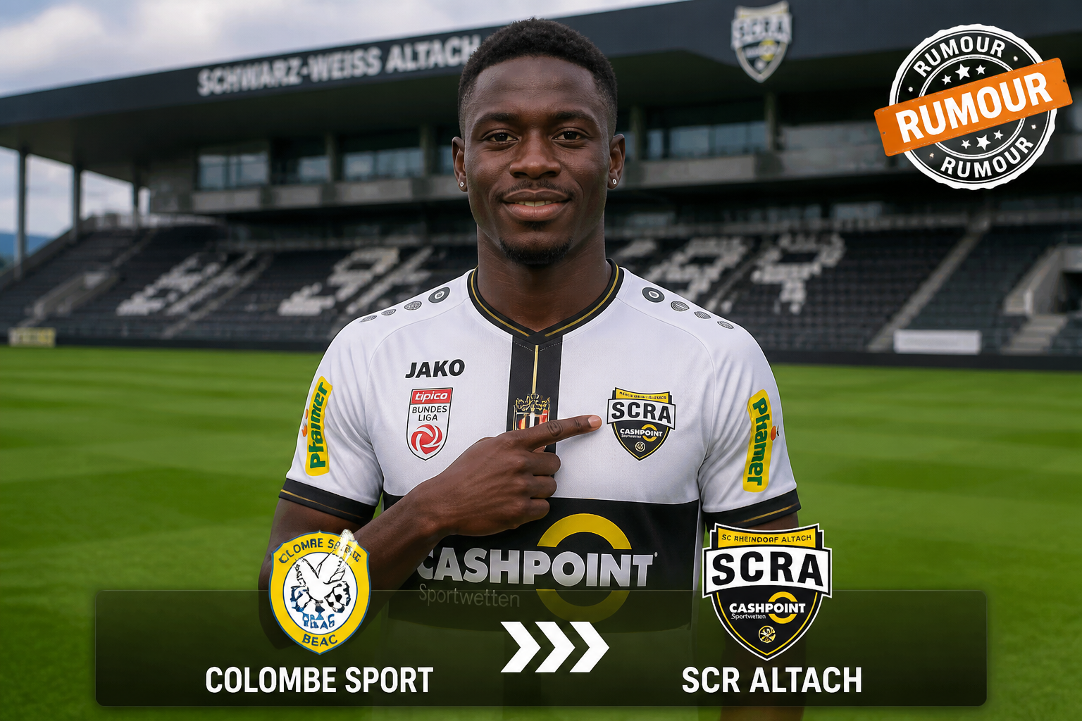 Portrait of a Black male footballer in a white and black jersey on a green stadium field, pointing to the SCR Altach badge on his chest. Portrait of a Black male footballer in a white and black jersey on a green stadium field, pointing to the SCR Altach badge on his chest.