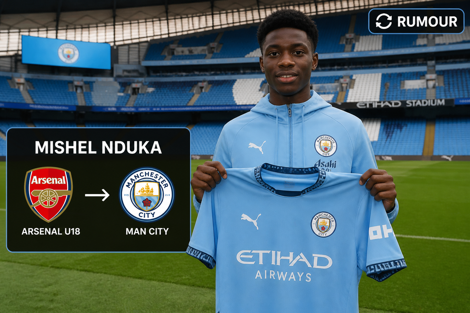 Mishel Nduka stands on a football pitch holding a blue Manchester City jersey, with an Arsenal U18 to Man City transfer graphic on the left.