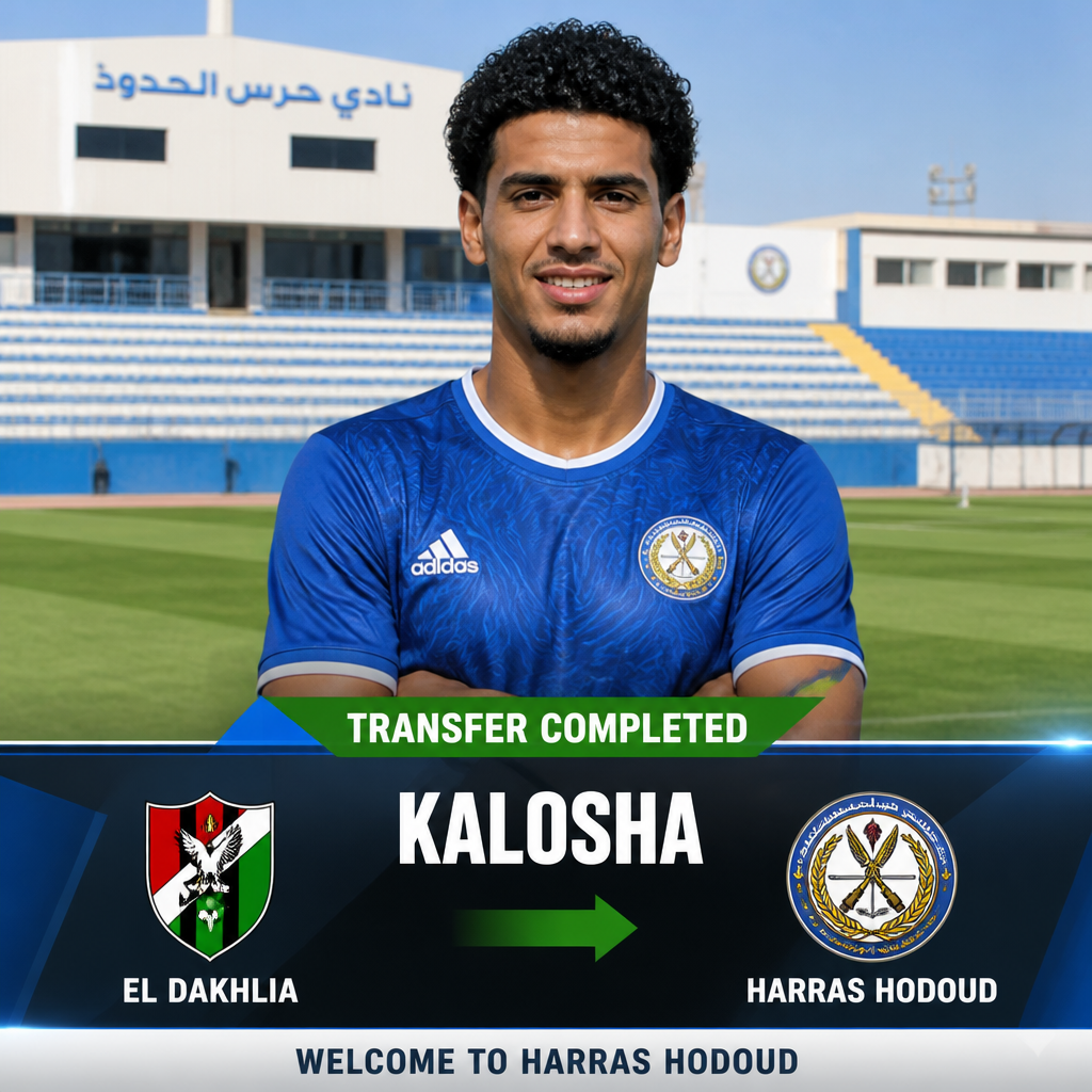 Portrait of Kalosha in a blue football jersey on a sunny stadium field after a transfer, with 'TRANSFER COMPLETED' banner visible. Portrait of Kalosha in a blue football jersey on a sunny stadium field after a transfer, with 'TRANSFER COMPLETED' banner visible.