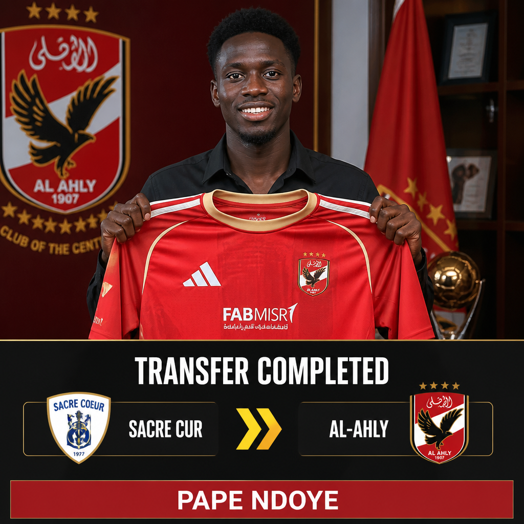 Portrait of a man in a black shirt holding up a red football jersey as a transfer-complete banner appears below, featuring Sacre Coeur vs. Al-Ahly and the name Pape Ndoye. Portrait of a man in a black shirt holding up a red football jersey as a transfer-complete banner appears below, featuring Sacre Coeur vs. Al-Ahly and the name Pape Ndoye.
