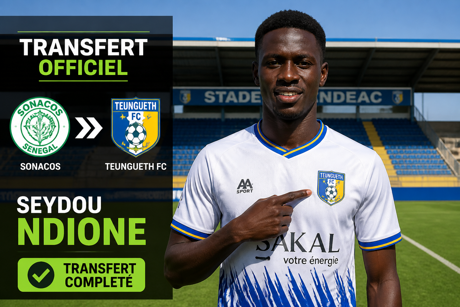 Seydou Ndione in Teungueth FC jersey points to the Teungueth crest; transfer from Sonacos announced with 'Transfert Officiel' banner and club logos on the left panel.
