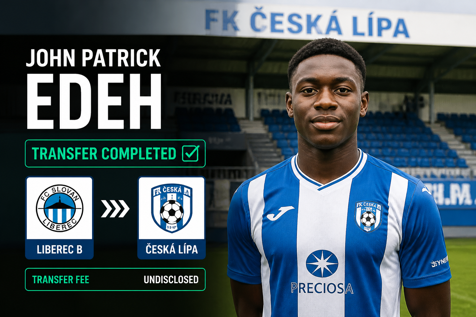 John Patrick EDEH portrait in a blue-and-white jersey, transfer completed from Liberec B to ČESKÁ LÍPA; fee undisclosed.