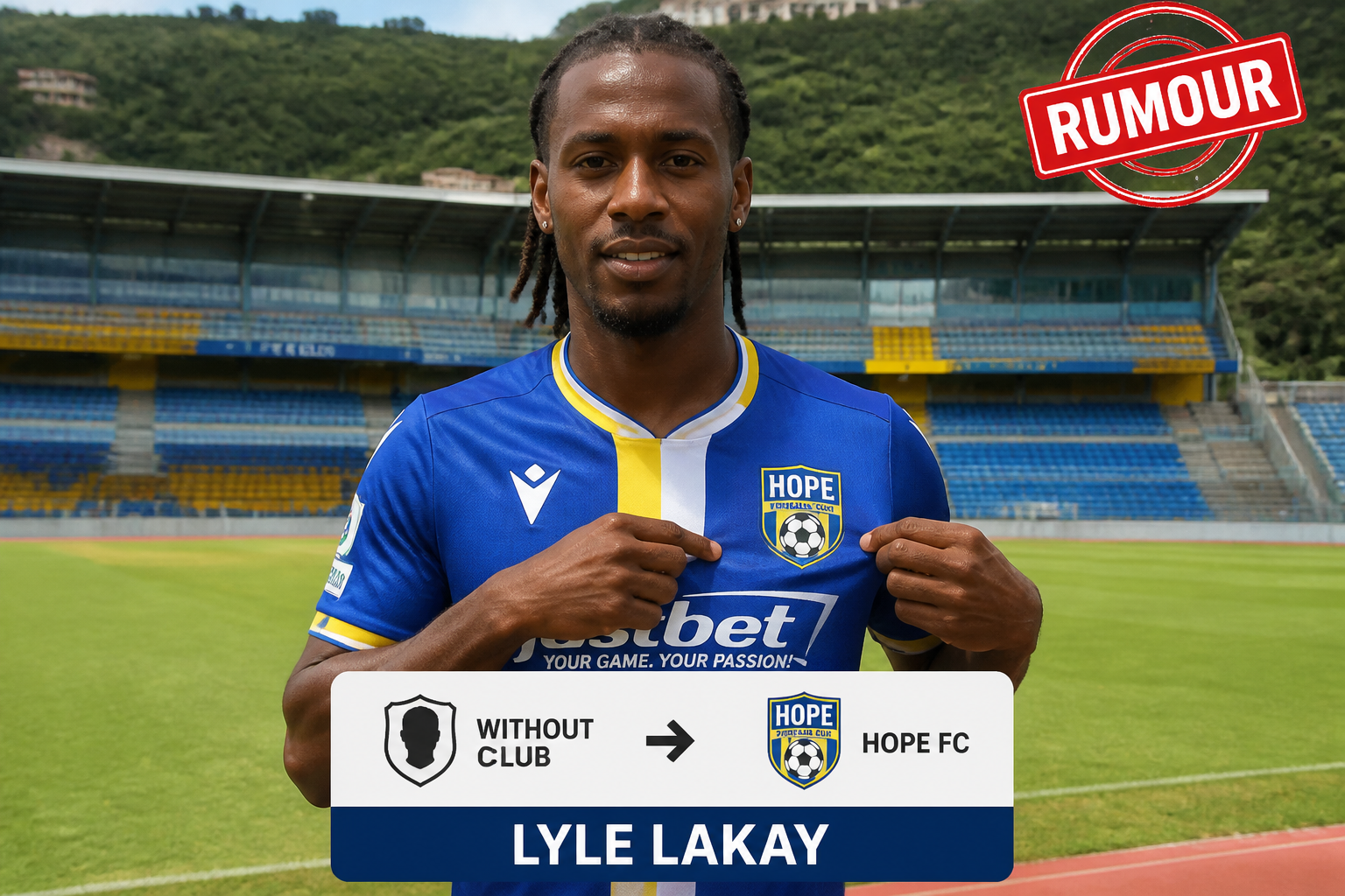 Portrait of Lyle Lakay in blue-yellow Hope FC jersey on a stadium field, displaying the team crest. Portrait of Lyle Lakay in blue-yellow Hope FC jersey on a stadium field, displaying the team crest.