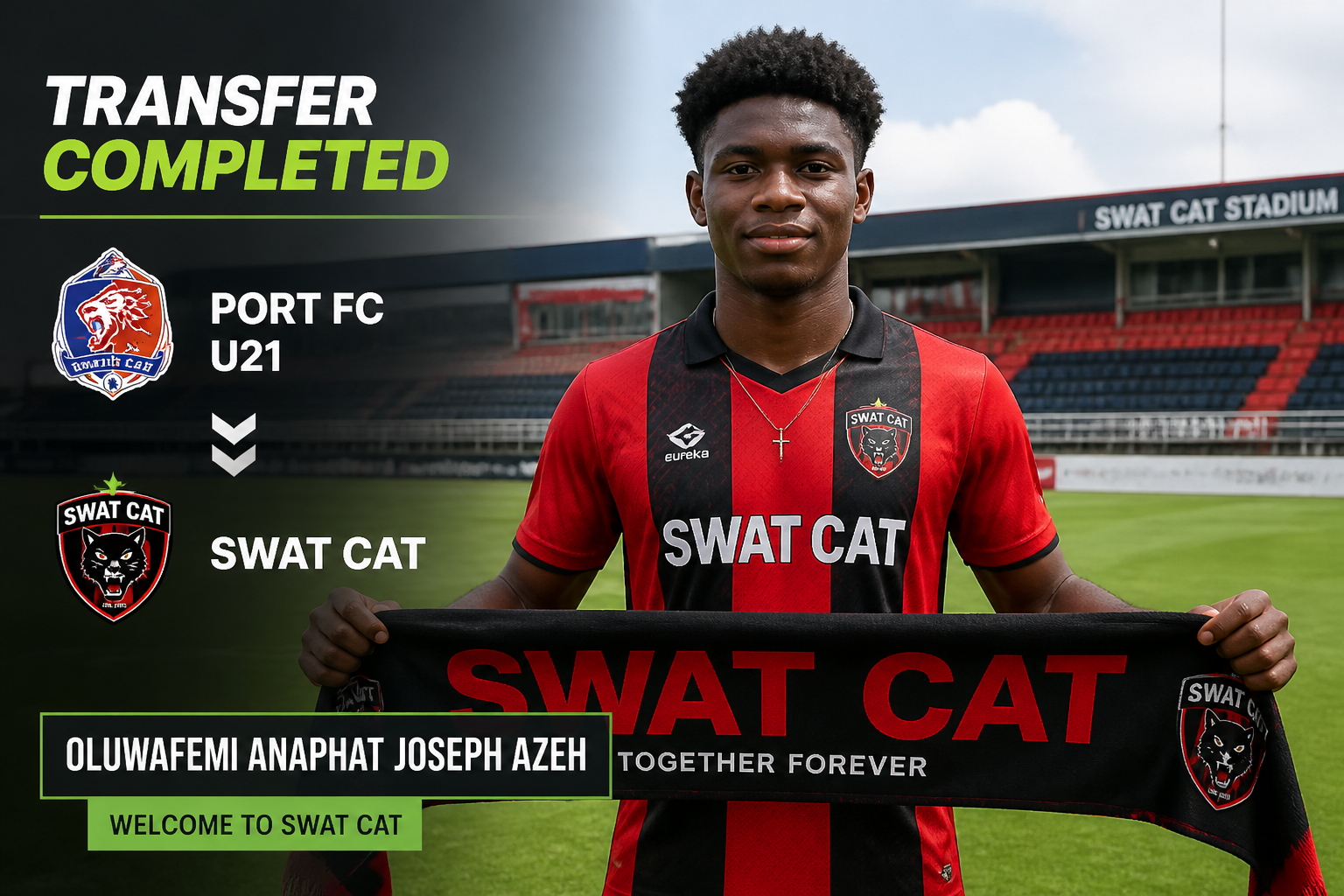 Portrait of a young footballer in a red and black striped jersey holding a SWAT CAT scarf on a stadium field; transfer completed announcement. Portrait of a young footballer in a red and black striped jersey holding a SWAT CAT scarf on a stadium field; transfer completed announcement.