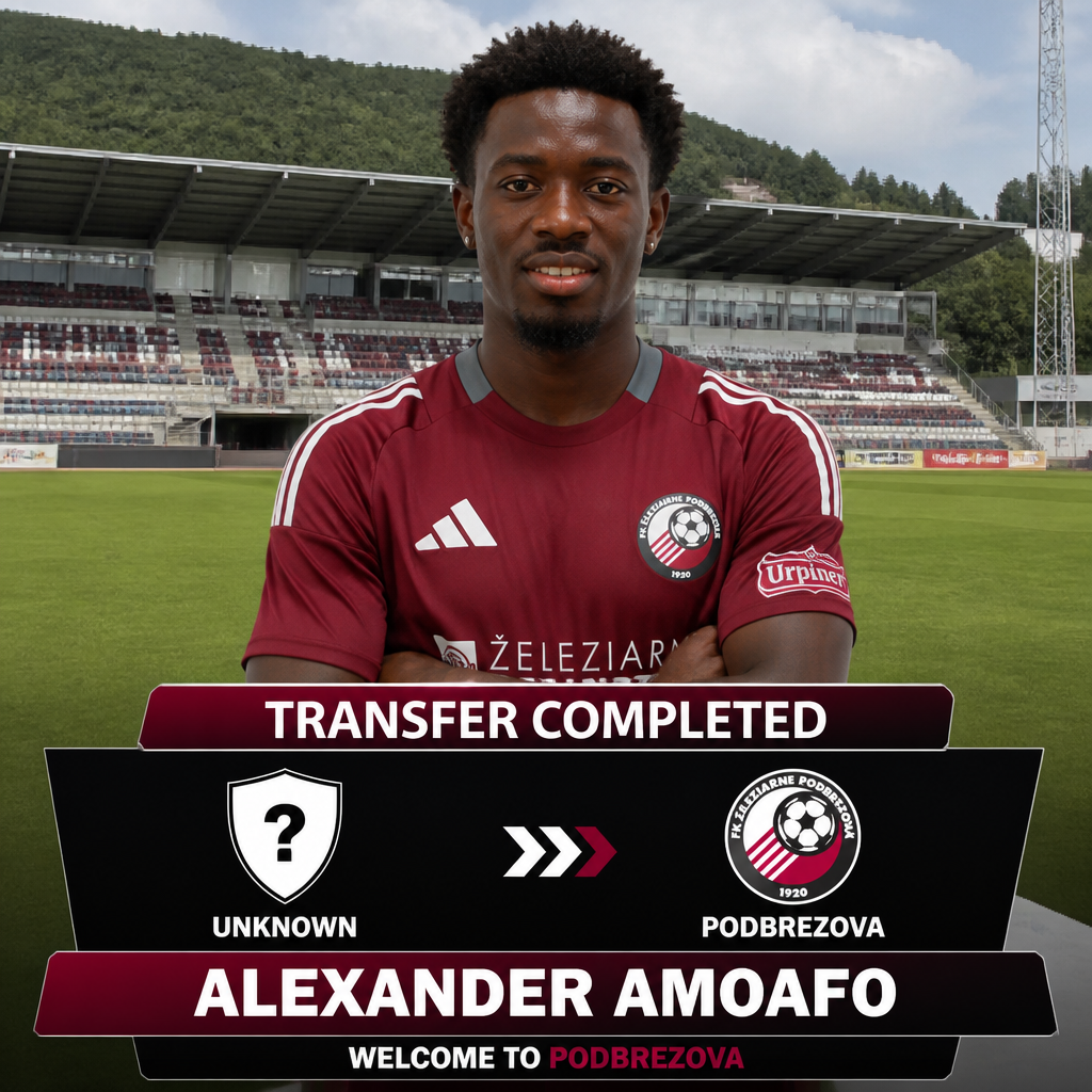Transfer completed: Alexander Amoafo joins Podbrezova, shown on welcome board on stadium field. Transfer completed: Alexander Amoafo joins Podbrezova, shown on welcome board on stadium field.