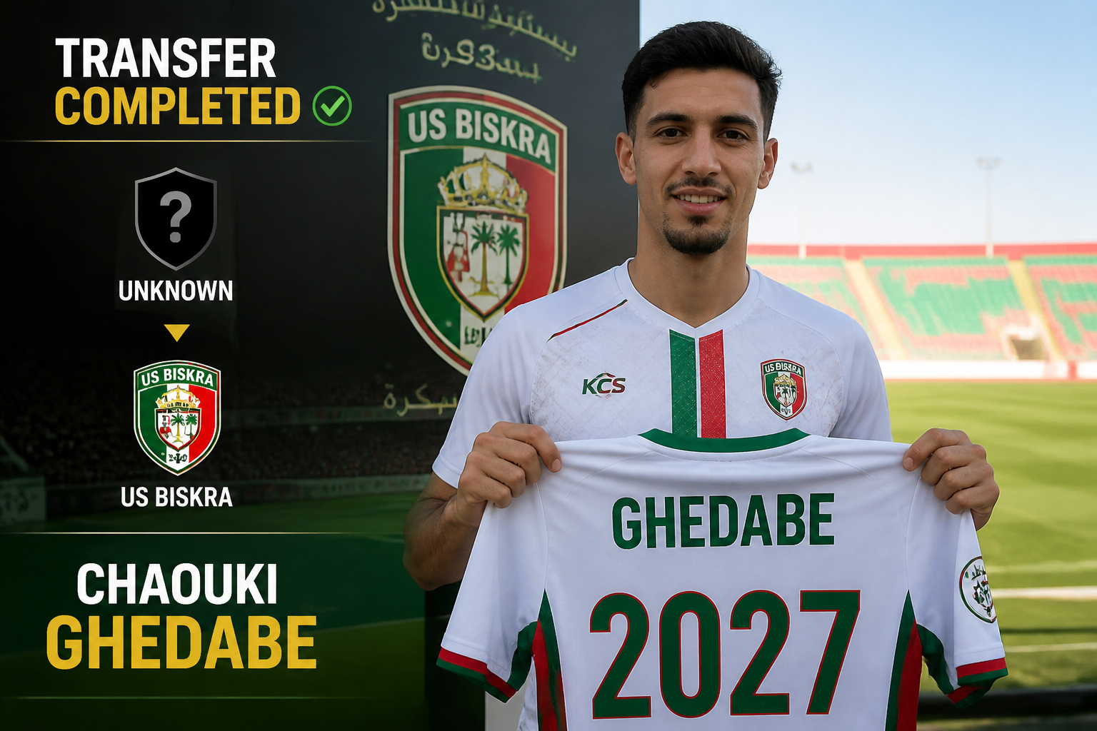 Portrait of a footballer holding a US Biskra jersey displaying 'GHEDABE 2027' with a 'TRANSFER COMPLETED' banner and club crest in the background.