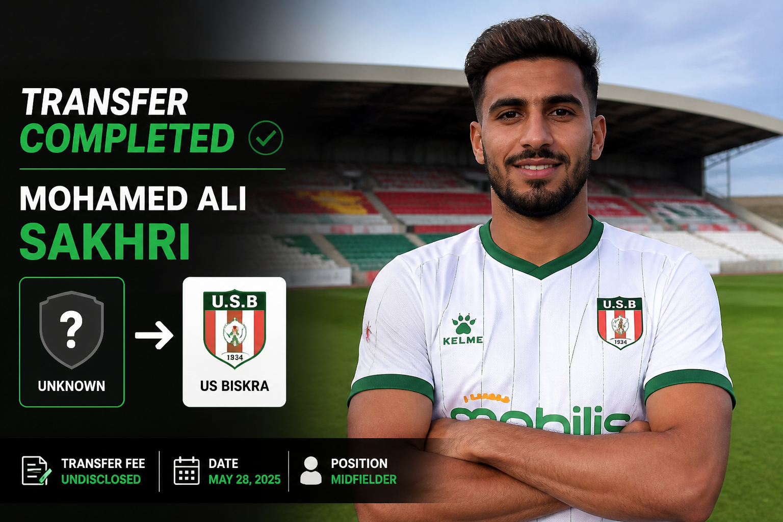 Transfer completed: Mohamed Ali Sakhri joins US Biskra as midfielder (May 28, 2025). Undisclosed fee.