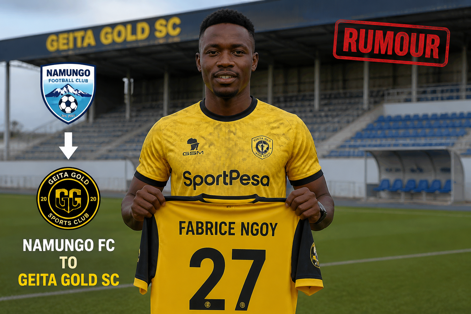 Soccer player in a yellow kit holds up a jersey reading Fabrice Ngoy #27 at a stadium, with Namungo FC and Geita Gold SC branding nearby. Soccer player in a yellow kit holds up a jersey reading Fabrice Ngoy #27 at a stadium, with Namungo FC and Geita Gold SC branding nearby.