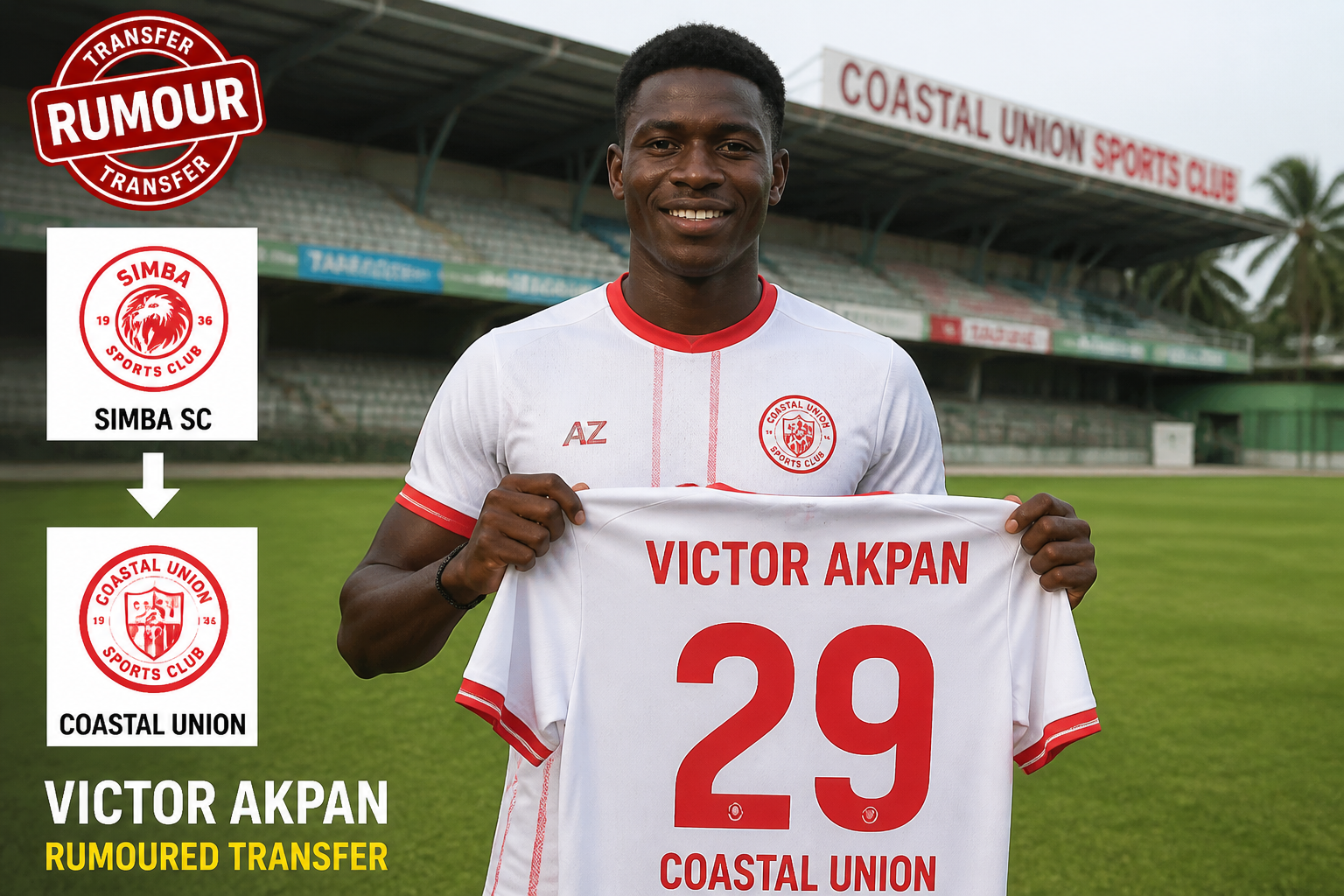 Victor Akpan holding a Coastal Union jersey with the number 29 on a football pitch, implying a rumoured transfer to Coastal Union.