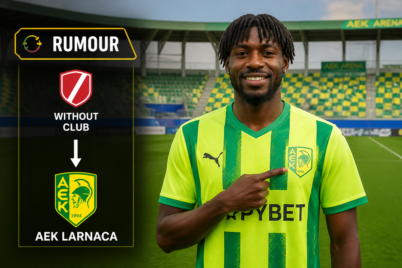 Football player in neon green kit standing on a stadium field with a rumor panel showing a transfer from Without Club to AEK Larnaca.